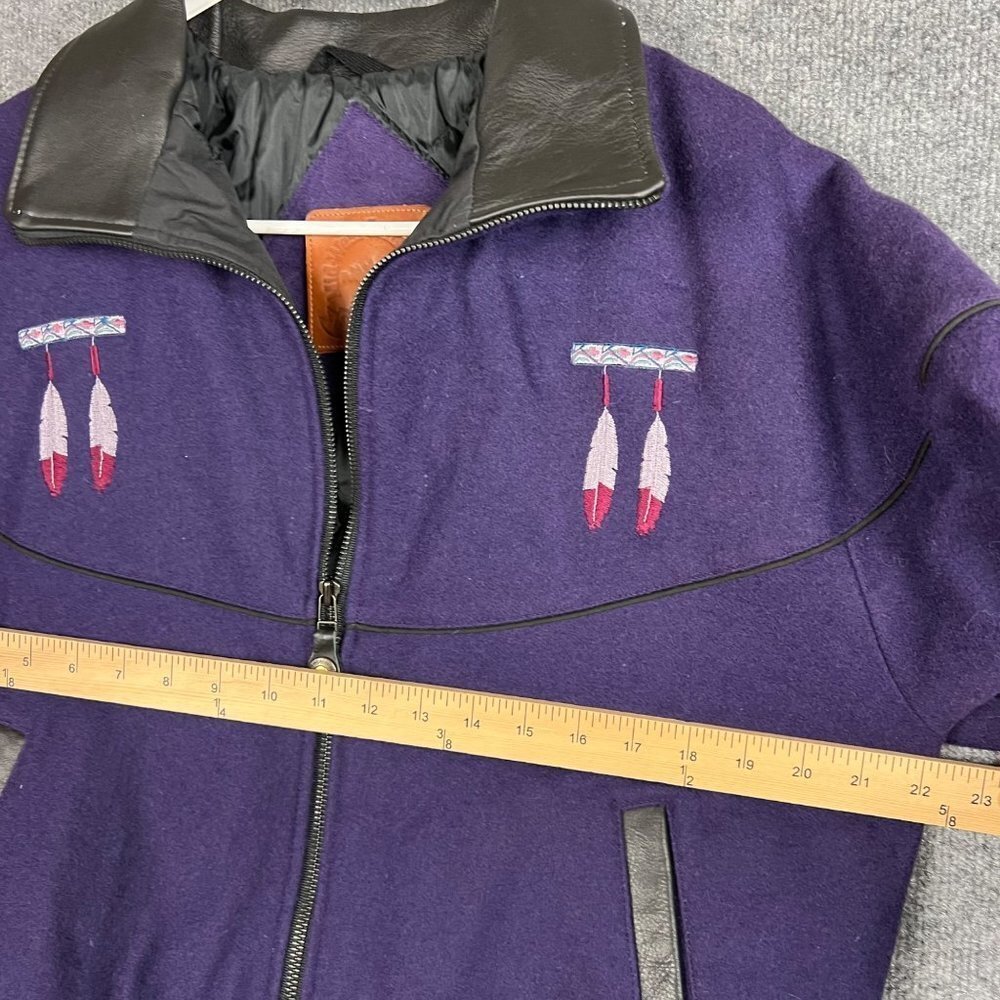 Vintage Aztec Feather Embroidered Midwest Garment Co. Leather Collar Wool Jacket - Picture 9 of 10